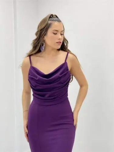 Krep Kumaş Degaje Yaka Askılı Elbise - PATLICAN MOR - 3