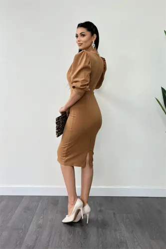 Krep Kumaş Degaje Yaka Kalem Elbise - Camel - 5
