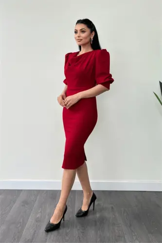 Krep Kumaş Degaje Yaka Kalem Elbise - KIRMIZI - 2