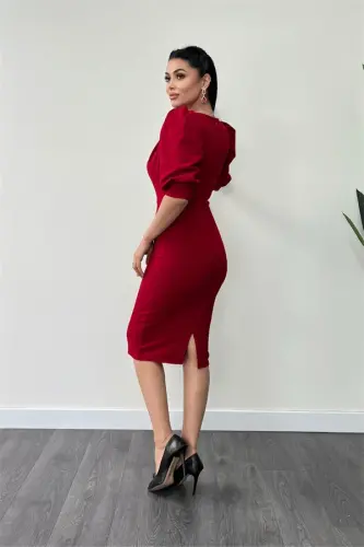 Krep Kumaş Degaje Yaka Kalem Elbise - KIRMIZI - 5