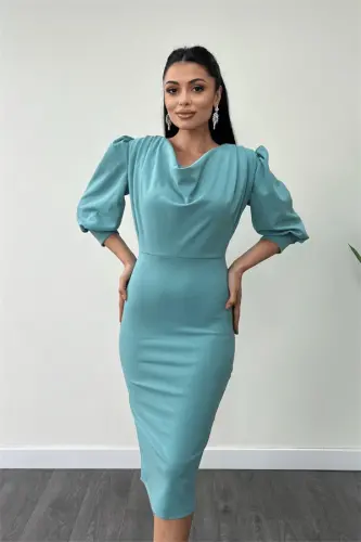 Krep Kumaş Degaje Yaka Kalem Elbise - MİNT YEŞİLİ - 3