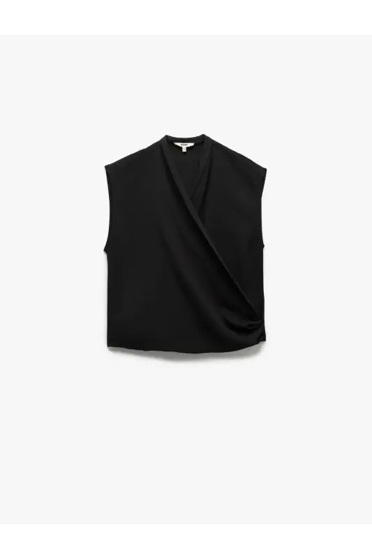 Krep Kumaş Drape Detaylı Kolsuz Kruvaze Bluz-Siyah - 3
