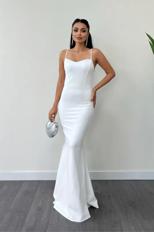 Krep Kumaş İnci Bolero Detaylı Balık Elbise - BEYAZ-BEYAZ - 4