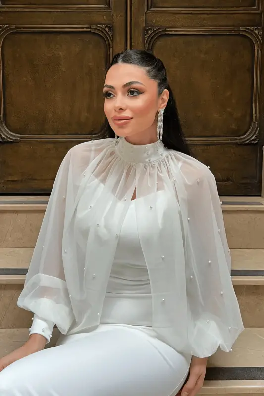 Krep Kumaş İnci Bolero Detaylı Balık Elbise - BEYAZ - BEYAZ - 4