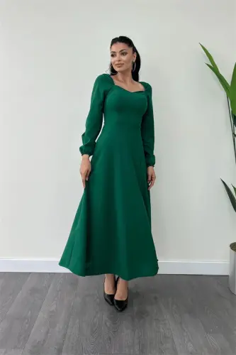 Krep Kumaş Kalp Yaka Midi Elbise - ZÜMRÜT - 2