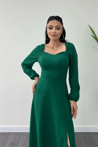 Krep Kumaş Kalp Yaka Midi Elbise - ZÜMRÜT - 4