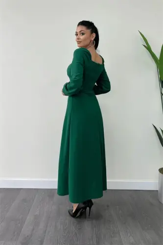 Krep Kumaş Kalp Yaka Midi Elbise - ZÜMRÜT - 5