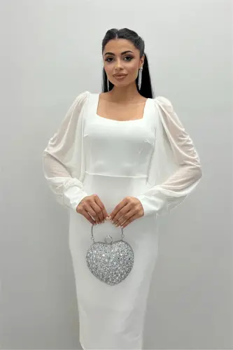 Krep Kumaş Kare Yaka Kalem Elbise - BEYAZ - 3