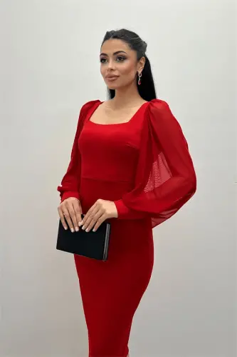 Krep Kumaş Kare Yaka Kalem Elbise - KIRMIZI - 4