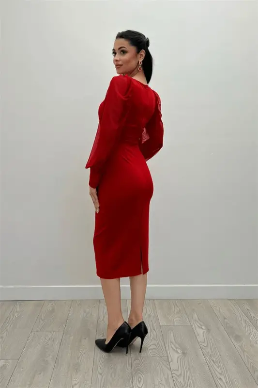 Krep Kumaş Kare Yaka Kalem Elbise - KIRMIZI - 5