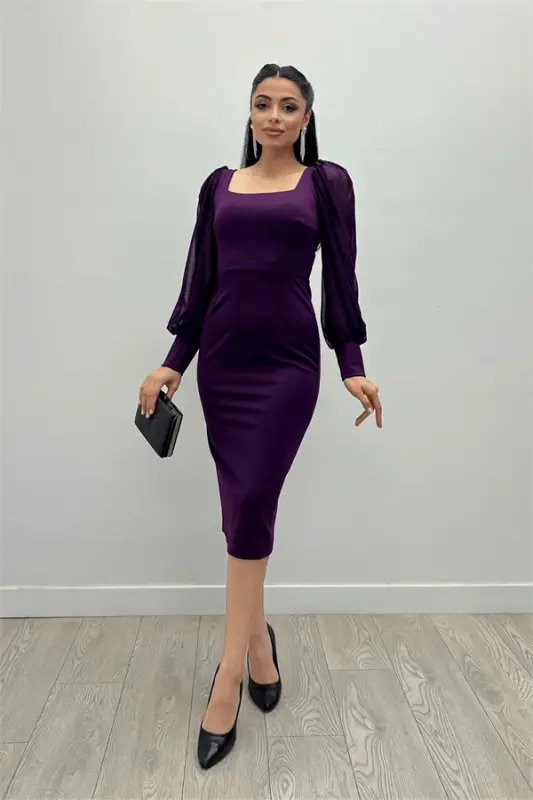 Krep Kumaş Kare Yaka Kalem Elbise - PATLICAN MOR - 1