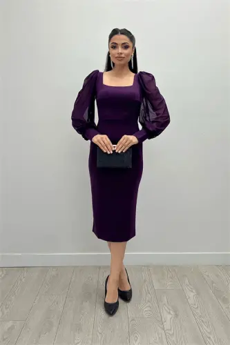 Krep Kumaş Kare Yaka Kalem Elbise - PATLICAN MOR - 2