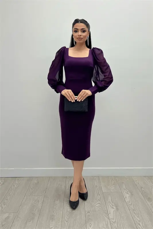 Krep Kumaş Kare Yaka Kalem Elbise - PATLICAN MOR - 2