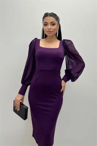 Krep Kumaş Kare Yaka Kalem Elbise - PATLICAN MOR - 3