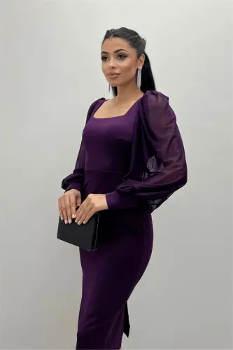 Krep Kumaş Kare Yaka Kalem Elbise - PATLICAN MOR - 4