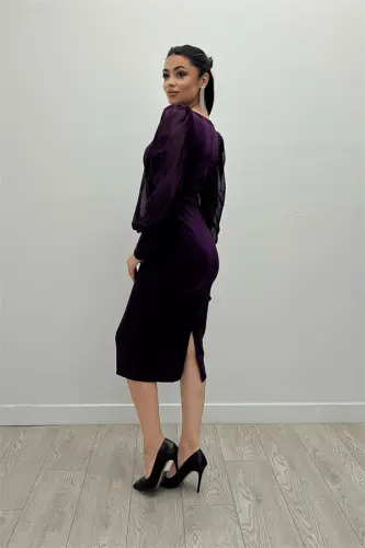 Krep Kumaş Kare Yaka Kalem Elbise - PATLICAN MOR - 5