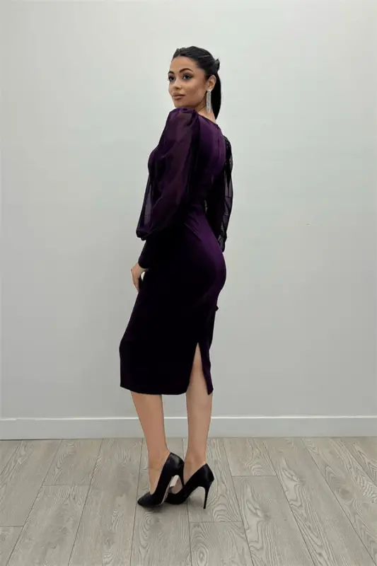 Krep Kumaş Kare Yaka Kalem Elbise - PATLICAN MOR - 5