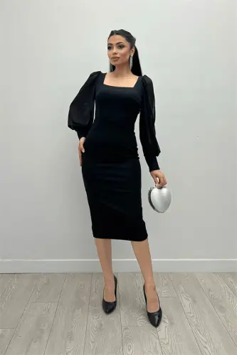 Krep Kumaş Kare Yaka Kalem Elbise - Siyah - BÜYÜKBEDENIZ (1)