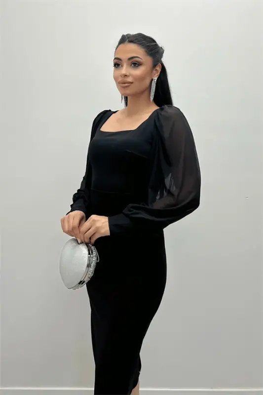 Krep Kumaş Kare Yaka Kalem Elbise - Siyah - 4