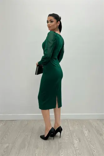 Krep Kumaş Kare Yaka Kalem Elbise - ZÜMRÜT YEŞİLİ - 5