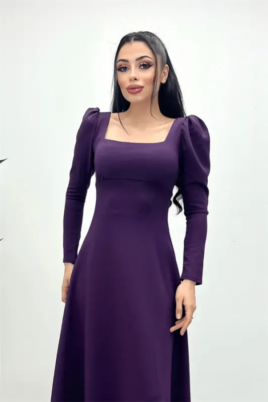 Krep Kumaş Kare Yaka Midi Elbise - Patlıcan Mor - 1