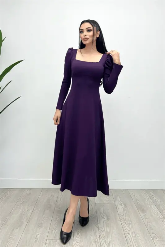 Krep Kumaş Kare Yaka Midi Elbise - Patlıcan Mor - 4