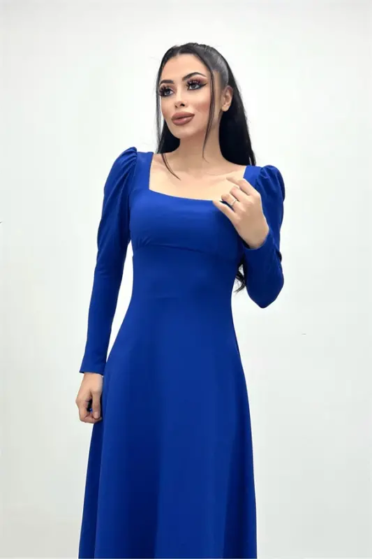 Krep Kumaş Kare Yaka Midi Elbise - Saks Mavisi - BÜYÜKBEDENIZ