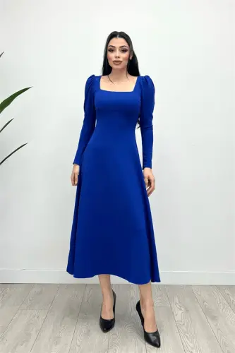 Krep Kumaş Kare Yaka Midi Elbise - Saks Mavisi - 3