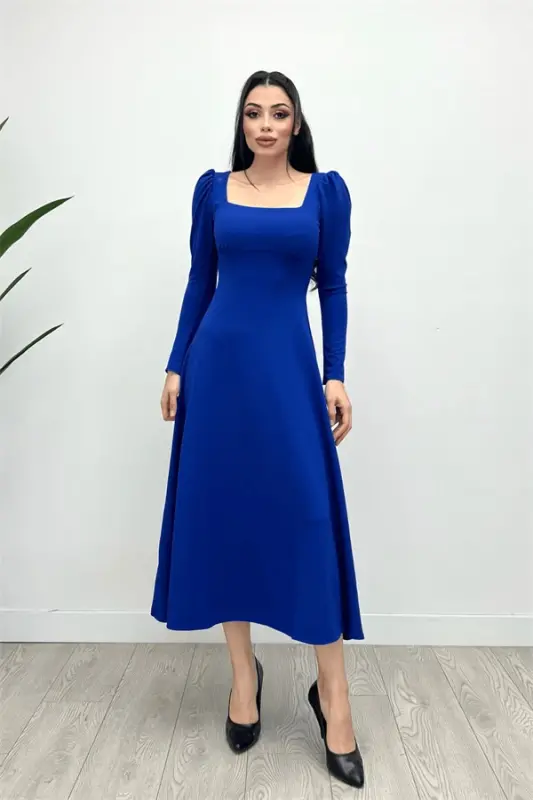 Krep Kumaş Kare Yaka Midi Elbise - Saks Mavisi - 3