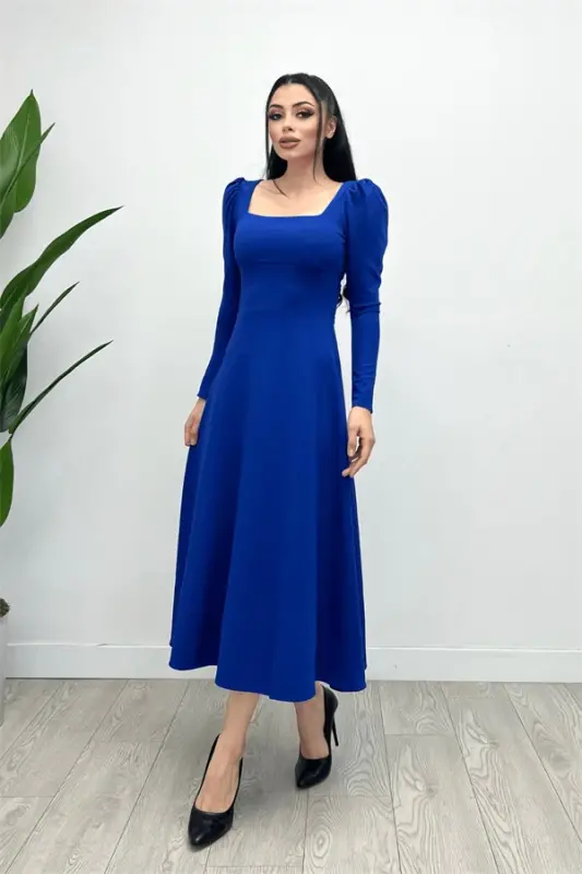 Krep Kumaş Kare Yaka Midi Elbise - Saks Mavisi - 4