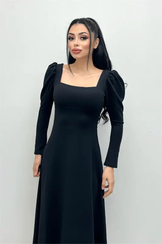 Krep Kumaş Kare Yaka Midi Elbise - SİYAH - 1