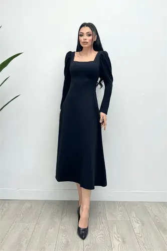 Krep Kumaş Kare Yaka Midi Elbise - SİYAH - 3