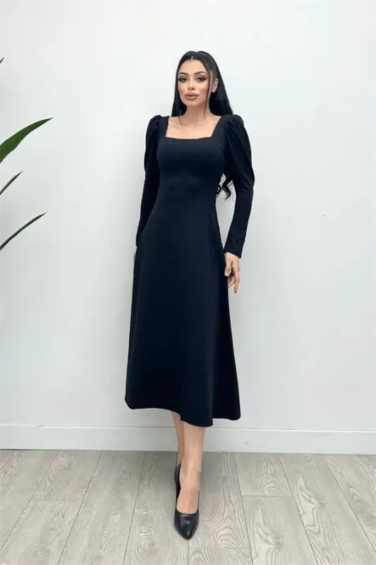 Krep Kumaş Kare Yaka Midi Elbise - SİYAH - 3