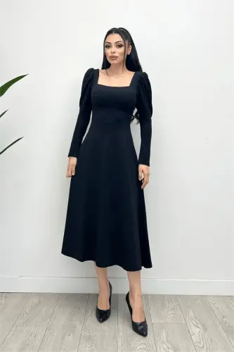 Krep Kumaş Kare Yaka Midi Elbise - SİYAH - 4