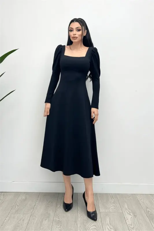 Krep Kumaş Kare Yaka Midi Elbise - SİYAH - 4