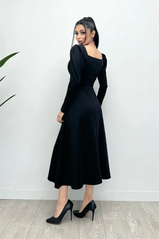 Krep Kumaş Kare Yaka Midi Elbise - SİYAH - 5
