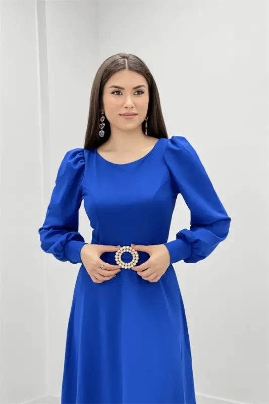 Krep Kumaş Kemer Detaylı Abiye Elbise - SAKS MAVİ - 3
