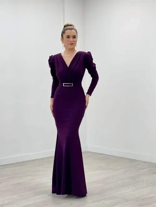 Krep Kumaş Kruvaze Yaka Balık Elbise - PATLICAN MOR - BÜYÜKBEDENIZ