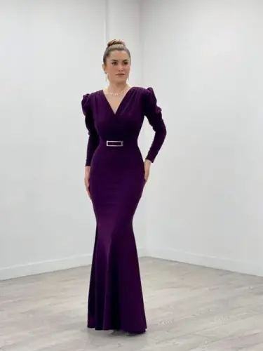 Krep Kumaş Kruvaze Yaka Balık Elbise - PATLICAN MOR - 1