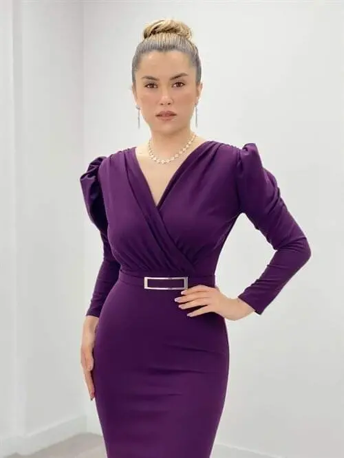 Krep Kumaş Kruvaze Yaka Balık Elbise - PATLICAN MOR - 2