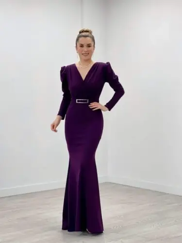 Krep Kumaş Kruvaze Yaka Balık Elbise - PATLICAN MOR - 4