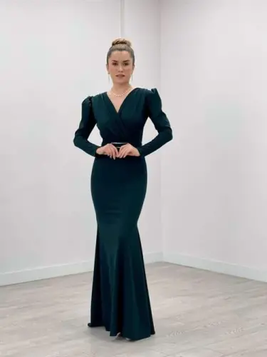 Krep Kumaş Kruvaze Yaka Balık Elbise - ZÜMRÜT YEŞİL - 2