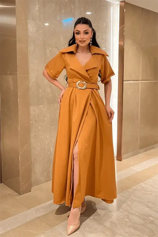 Krep Kumaş Kruvaze Yaka Kemerli Elbise - KİREMİT - BÜYÜKBEDENIZ