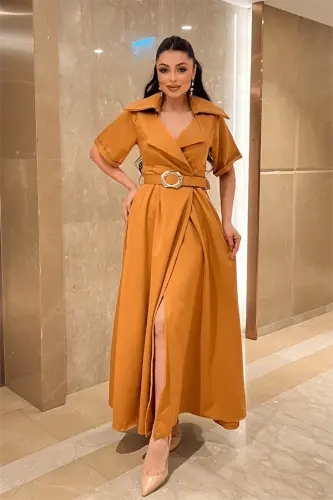 Krep Kumaş Kruvaze Yaka Kemerli Elbise - KİREMİT - 1