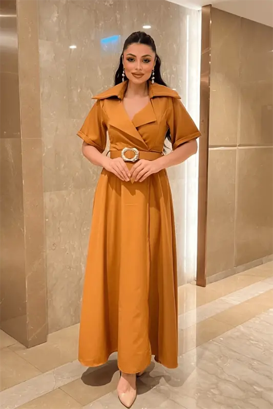 Krep Kumaş Kruvaze Yaka Kemerli Elbise - KİREMİT - 2