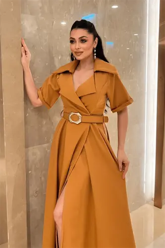 Krep Kumaş Kruvaze Yaka Kemerli Elbise - KİREMİT - 3