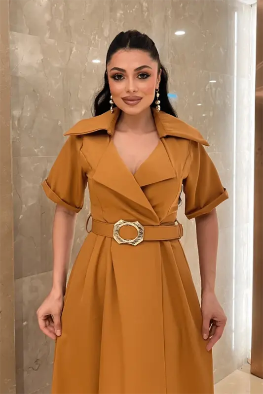 Krep Kumaş Kruvaze Yaka Kemerli Elbise - KİREMİT - 4