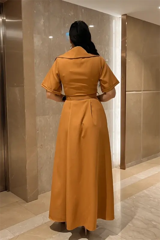 Krep Kumaş Kruvaze Yaka Kemerli Elbise - KİREMİT - 5