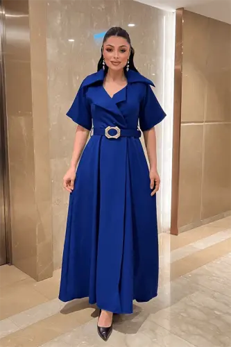 Krep Kumaş Kruvaze Yaka Kemerli Elbise - SAKS MAVİ - 1