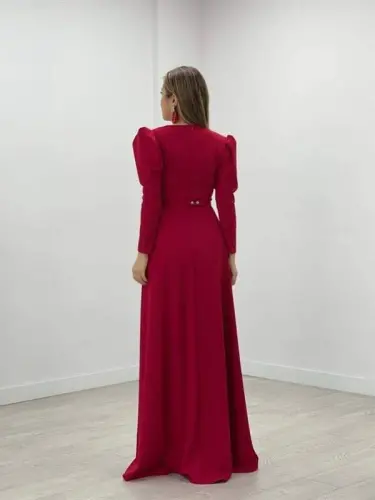 Krep Kumaş Kruvaze Yaka Kiloş Elbise - KIRMIZI - 5